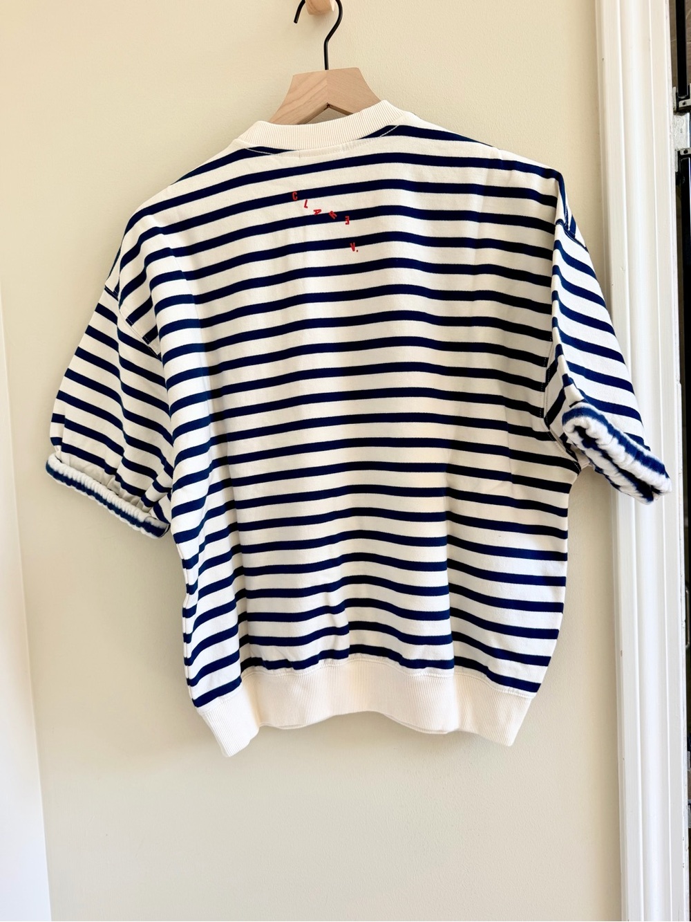 Striped Puff-Sleeve Sweatshirt - White & Navy - Picture 2 of 15